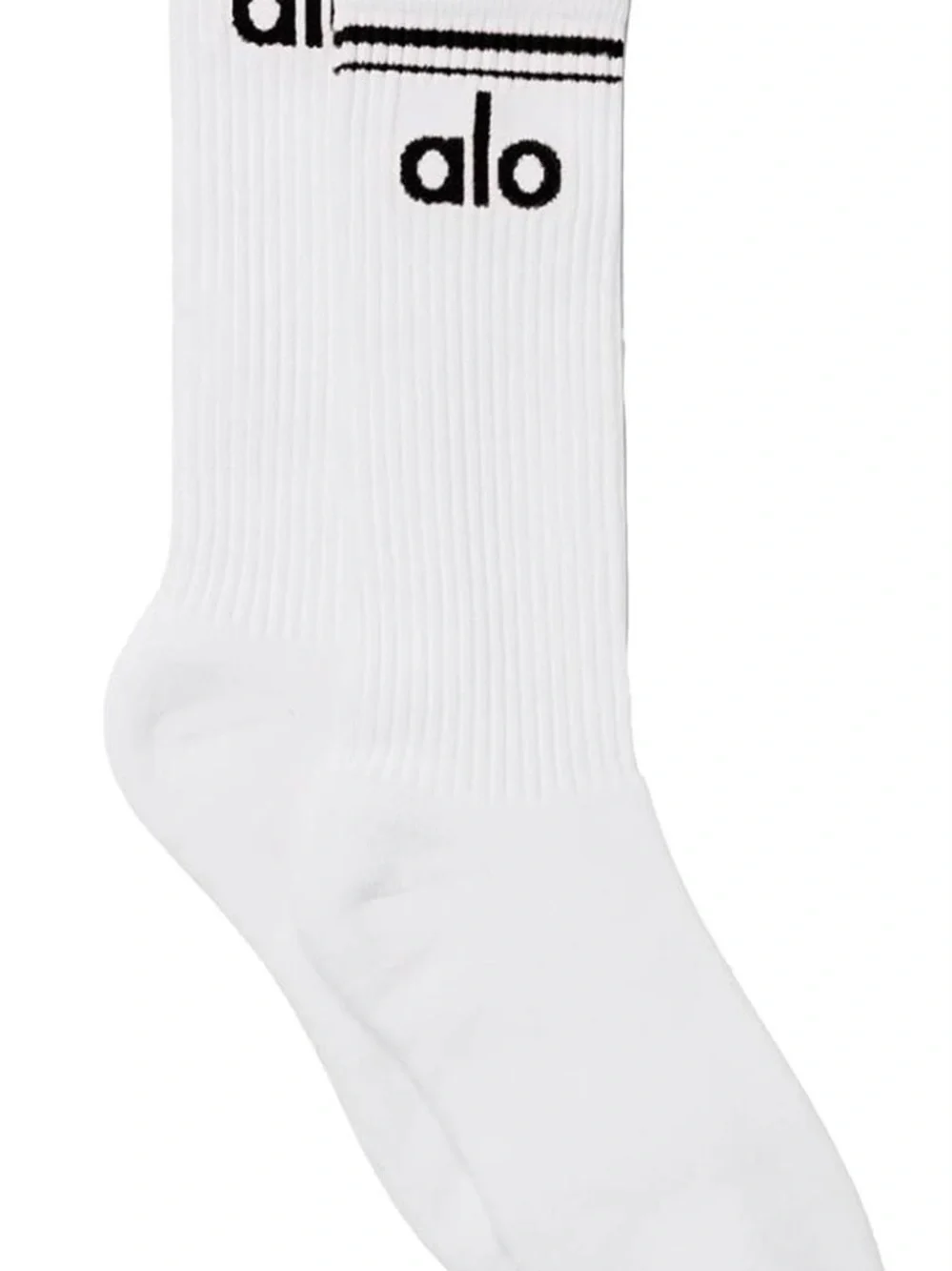 ALO Yoga White Crew Socks with Black Logo Stripe